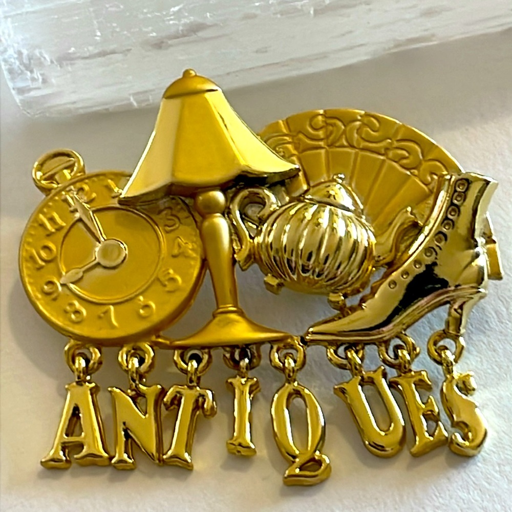 Vintage AJC Signed Satin Gold Tone Antiques Clock Fan Lamp Teapot Shoe Brooch
